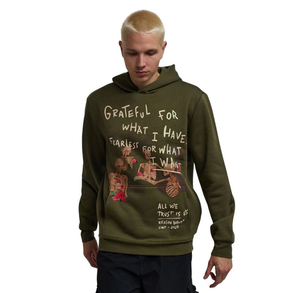 Reason  Graphic Hoodie Men’s XL Olive Green Skeleton Roses Grateful Pullover - Picture 6 of 11
